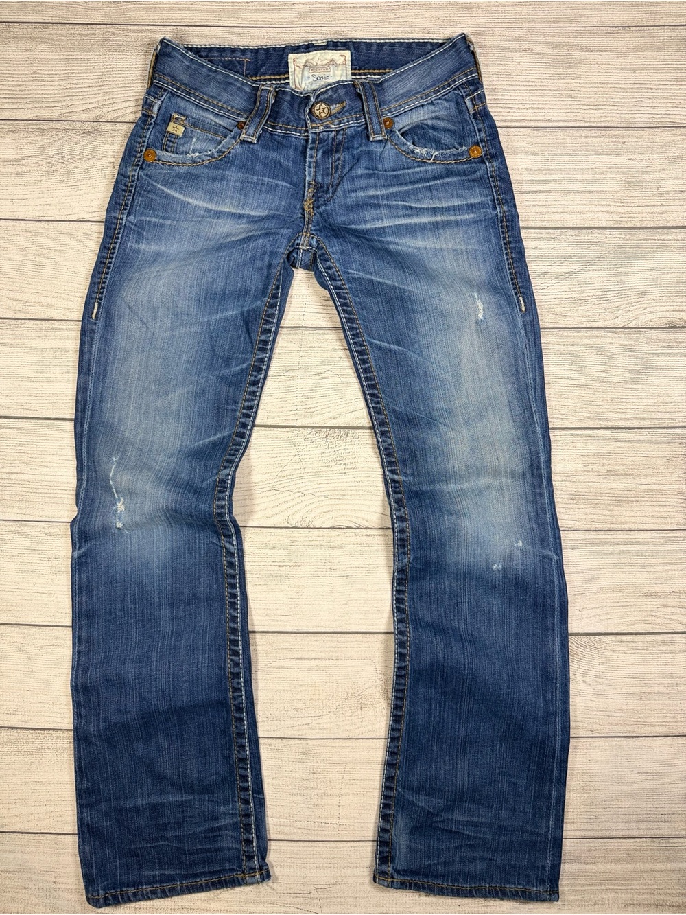 Big Star Sophie Low Rise Y2K Distressed Medium Blue Straight Jeans